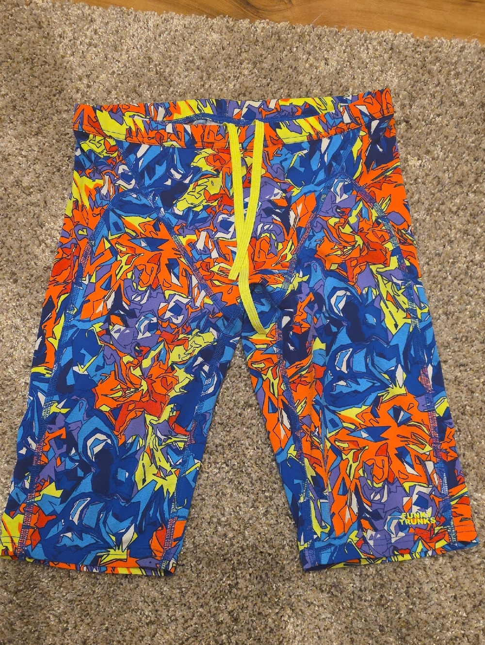 Blue & Orange Graphic Swim Trunks with Yellow Drawstring